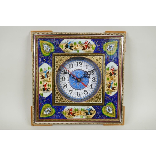 256 - A Persian micro mosaic wall clock and a Brazilian butterfly tray depicting Rio, 36 x 22cm