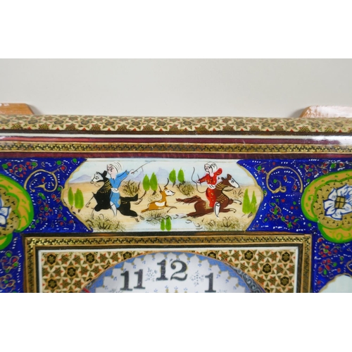 256 - A Persian micro mosaic wall clock and a Brazilian butterfly tray depicting Rio, 36 x 22cm