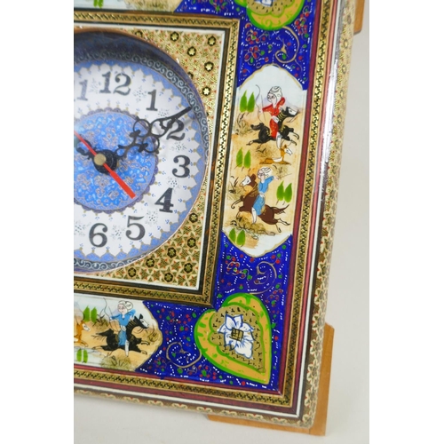 256 - A Persian micro mosaic wall clock and a Brazilian butterfly tray depicting Rio, 36 x 22cm