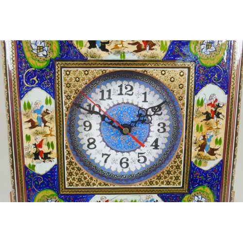 256 - A Persian micro mosaic wall clock and a Brazilian butterfly tray depicting Rio, 36 x 22cm