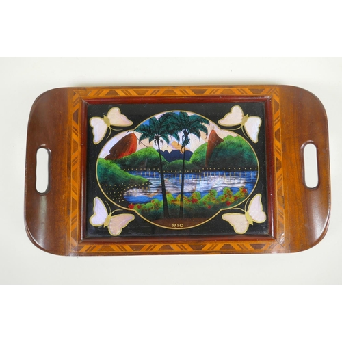 256 - A Persian micro mosaic wall clock and a Brazilian butterfly tray depicting Rio, 36 x 22cm