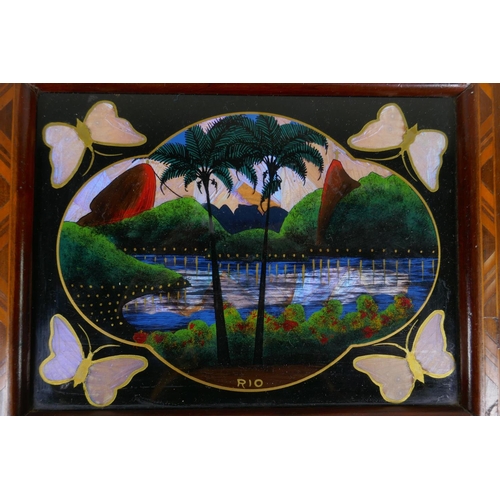 256 - A Persian micro mosaic wall clock and a Brazilian butterfly tray depicting Rio, 36 x 22cm