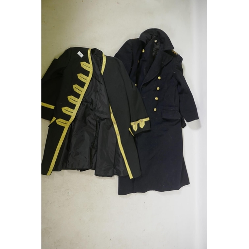 259 - A Royal Navy officer's great coat, 126cm long, and dress tunic, 90cm long