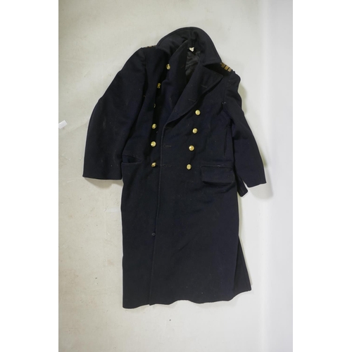 259 - A Royal Navy officer's great coat, 126cm long, and dress tunic, 90cm long