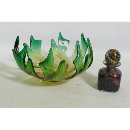 26 - A studio glass bowl, 29cm diameter, and Mdina bottle with stopper