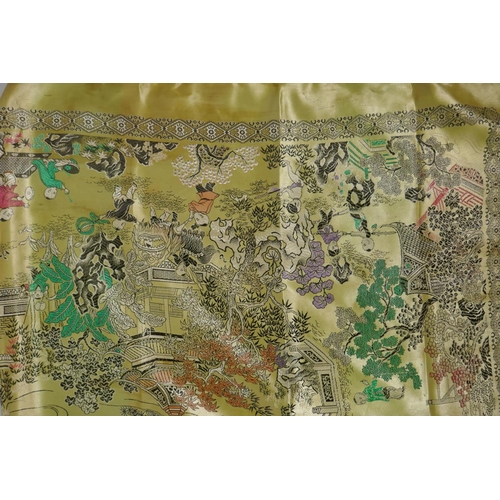 265 - A Chinese machine embroidered gold ground silk throw decorated with boys playing in a garden, togeth... 