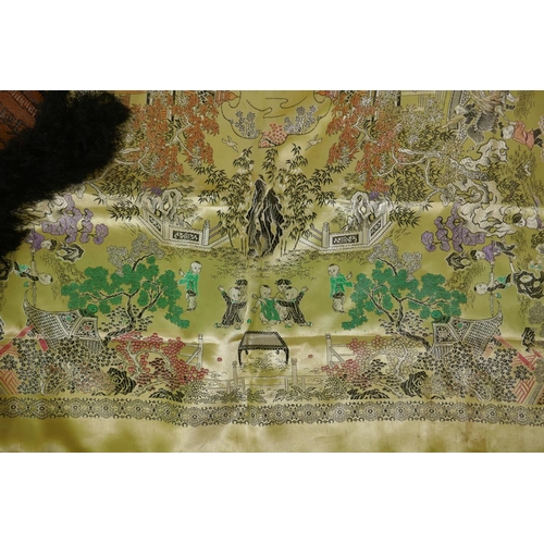 265 - A Chinese machine embroidered gold ground silk throw decorated with boys playing in a garden, togeth... 