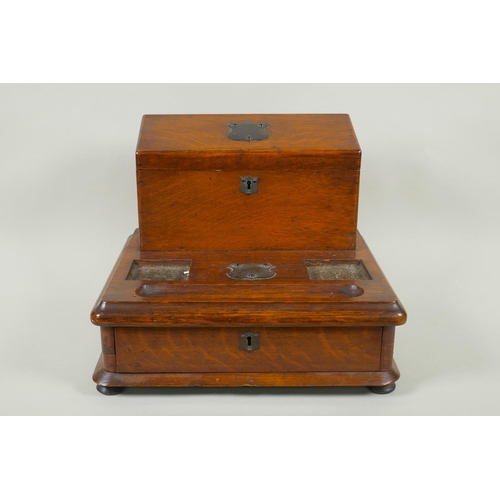 27 - An antique oak correspondence box with metal mounts, 30 x 33cm, 27cm high