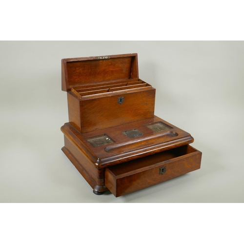 27 - An antique oak correspondence box with metal mounts, 30 x 33cm, 27cm high