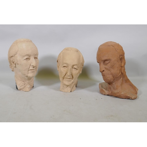 286 - Three terracotta sculpted busts of men, signed W.B., 30cm high