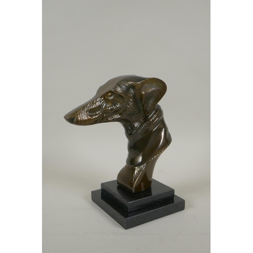 296 - A bronze head bust of a greyhound, on a black reconstituted marble base, 22cm high