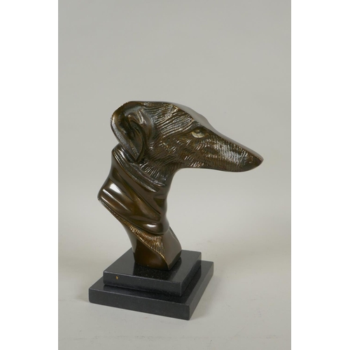 296 - A bronze head bust of a greyhound, on a black reconstituted marble base, 22cm high