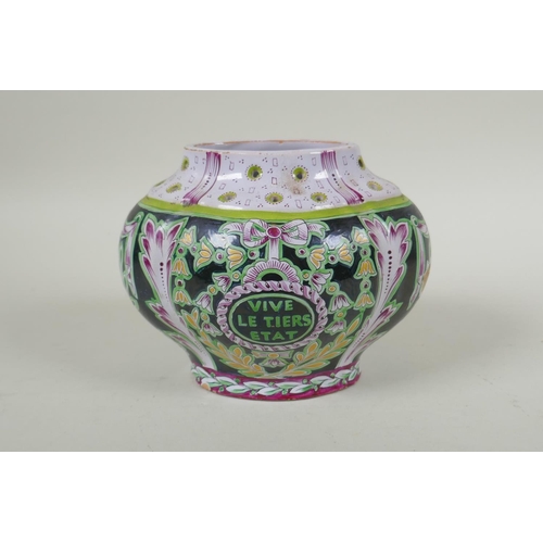 328 - A C19th French faience pot pouri emblazoned with a political slogan Vive le Tiers Etat, marked M. Pa... 