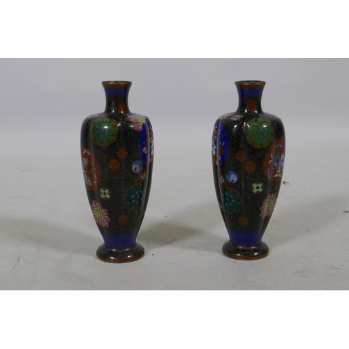 33 - A pair of antique oriental cloisonne vases with lobed bodies, AF, 13cm high