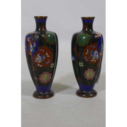 33 - A pair of antique oriental cloisonne vases with lobed bodies, AF, 13cm high