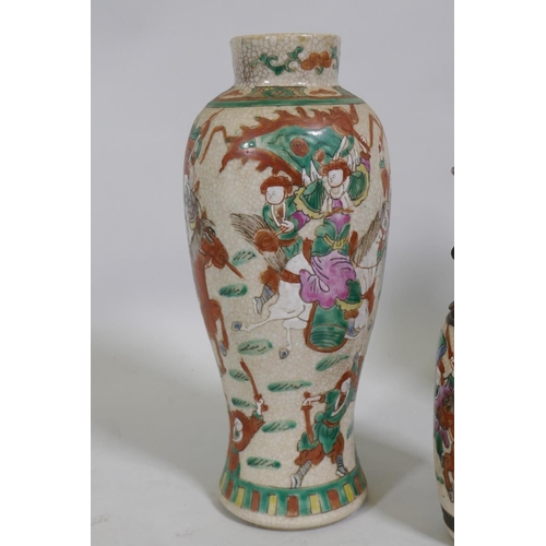 4 - A Chinese crackleware vase with enamel decoration, four character mark to base, 27cm high, another w... 