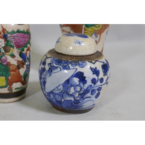 4 - A Chinese crackleware vase with enamel decoration, four character mark to base, 27cm high, another w... 