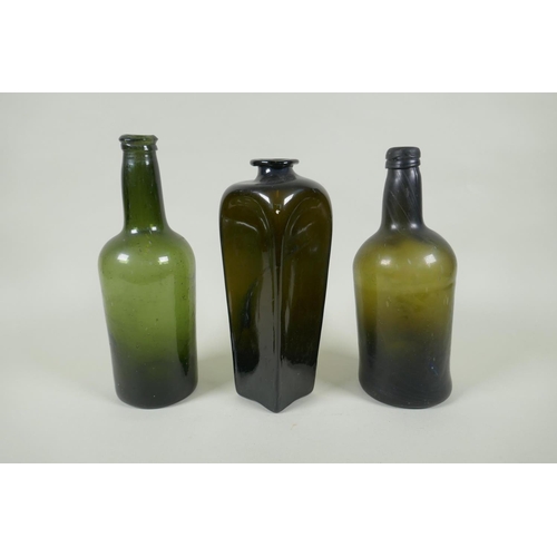 52 - Three C19th green glass wine bottles, 26cm highest