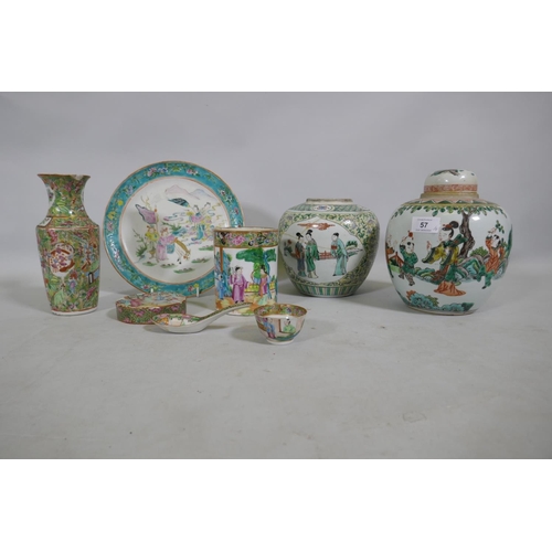 57 - A C19th Chinese famille verte plate with enamel decoration, 24cm diameter, three jars (AF), vase, te... 