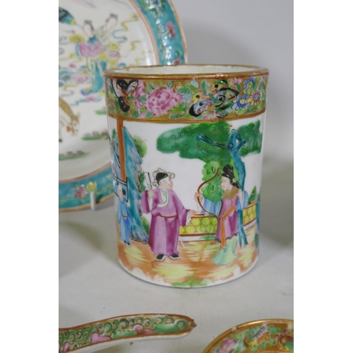 57 - A C19th Chinese famille verte plate with enamel decoration, 24cm diameter, three jars (AF), vase, te... 