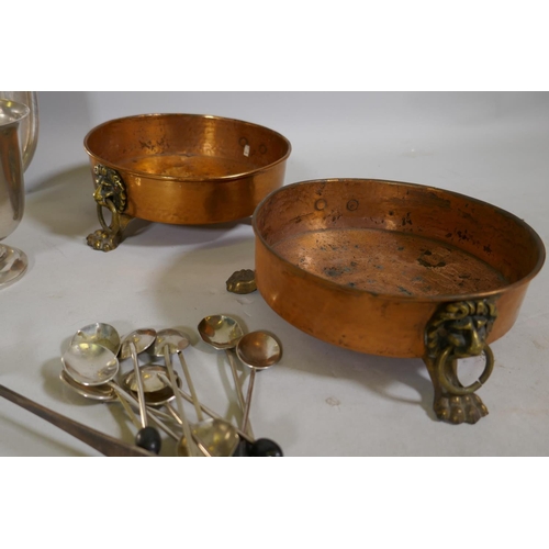 607 - A Sheffield silver plate serving tray, another smaller, silver handled knives and servers, tongs and... 