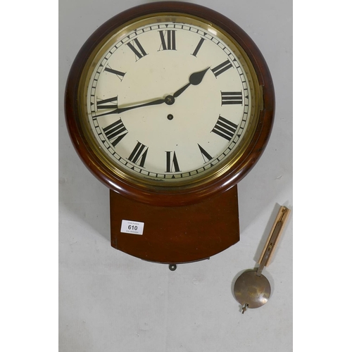 610 - A mahogany cased drop dial fusee wall clock with enamelled dial, 47 x 36cm, dial 30cm diameter