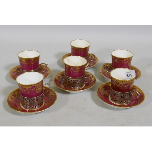 611 - A George V Paragon porcelain six place coffee set with silver mounts, Birmingham 1921