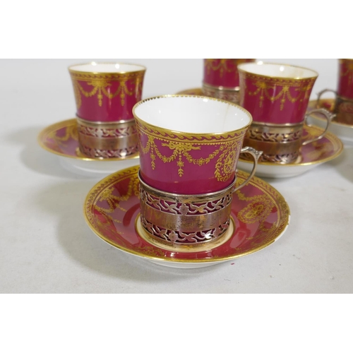 611 - A George V Paragon porcelain six place coffee set with silver mounts, Birmingham 1921