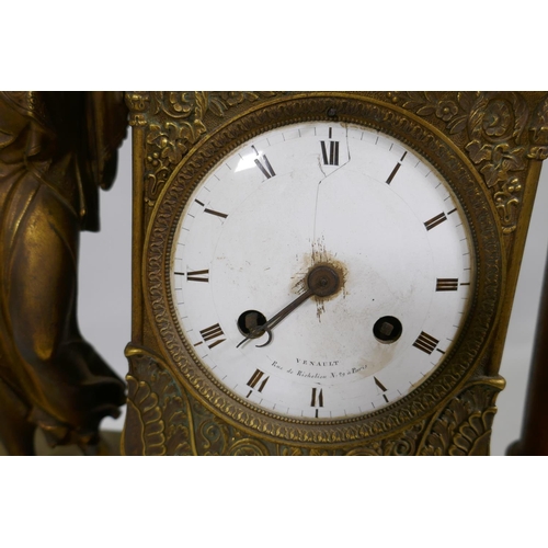 613 - A C19th French Empire style ormolu mantel clock, with classical draped figure and orament, the ename... 