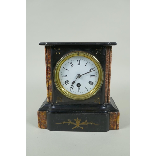 623 - A slate and marble mantel clock, the enamel dial with Roman numerals, 20cm high