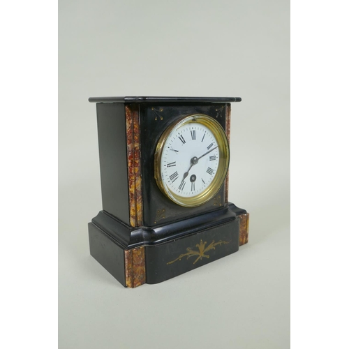 623 - A slate and marble mantel clock, the enamel dial with Roman numerals, 20cm high