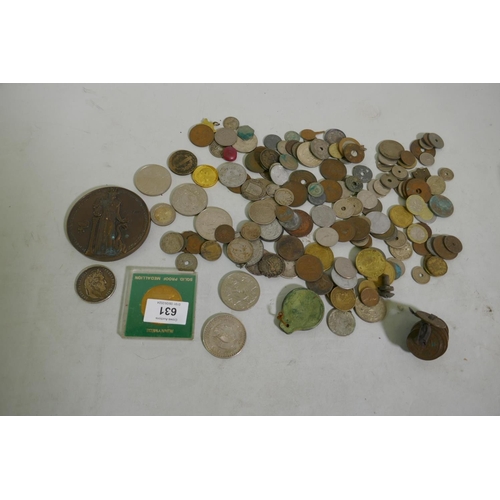 631 - A collection of antique coins and commemorative medals, 1947 Mexican silver five pesos and one peso ... 