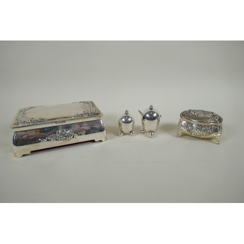 632 - A pair of Mappin & Webb silver plated salts, a silver plated bombe shaped jewellery casket and a... 