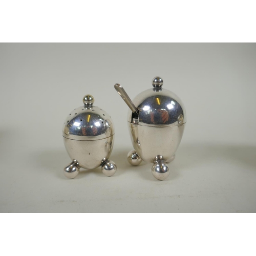 632 - A pair of Mappin & Webb silver plated salts, a silver plated bombe shaped jewellery casket and a... 