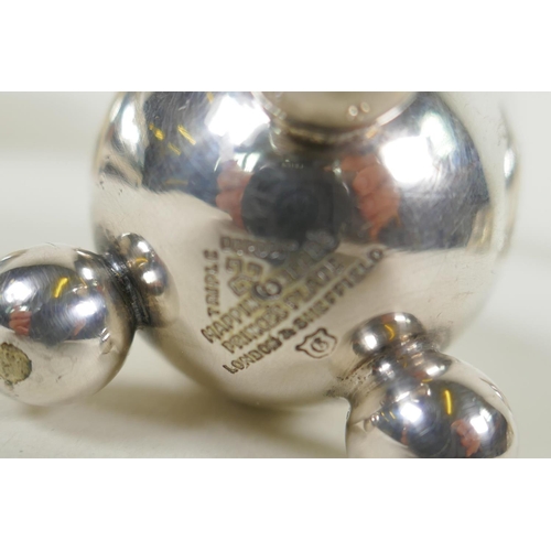 632 - A pair of Mappin & Webb silver plated salts, a silver plated bombe shaped jewellery casket and a... 