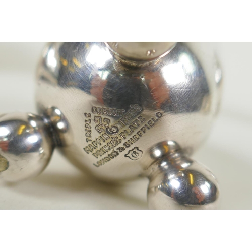 632 - A pair of Mappin & Webb silver plated salts, a silver plated bombe shaped jewellery casket and a... 