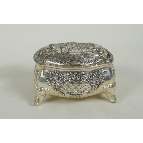 632 - A pair of Mappin & Webb silver plated salts, a silver plated bombe shaped jewellery casket and a... 