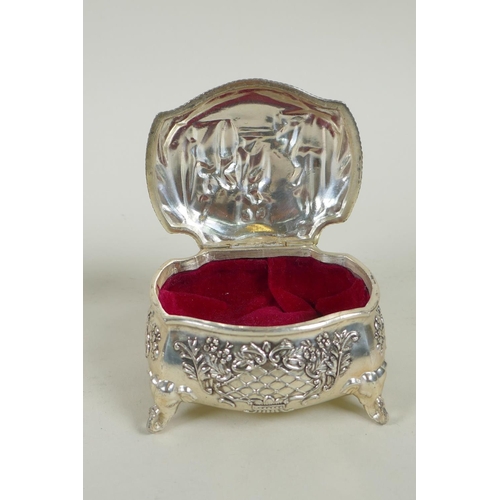 632 - A pair of Mappin & Webb silver plated salts, a silver plated bombe shaped jewellery casket and a... 