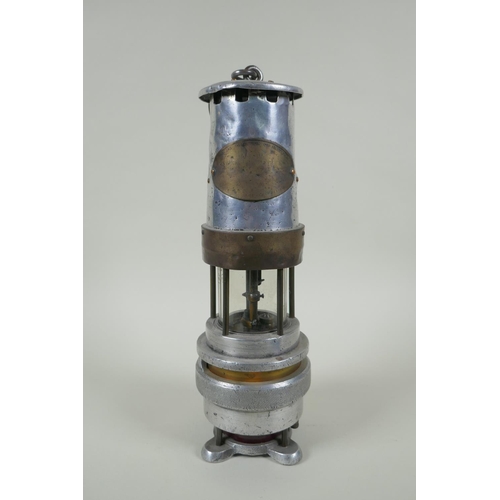 64 - A Spiralarm Type M brass and polished metal automatic gas detector miners lamp by J. H. Naylor Ltd, ... 