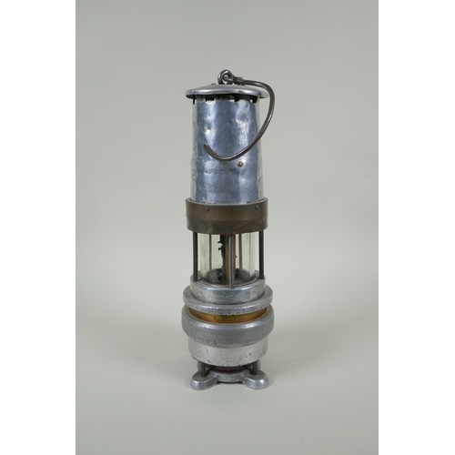 64 - A Spiralarm Type M brass and polished metal automatic gas detector miners lamp by J. H. Naylor Ltd, ... 