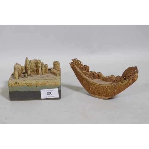 68 - Bryan Newman for Aller Studio pottery, ceramic model of a cathedral, 11 x 0 x 9cm,  and another of o... 