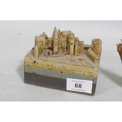 68 - Bryan Newman for Aller Studio pottery, ceramic model of a cathedral, 11 x 0 x 9cm,  and another of o... 