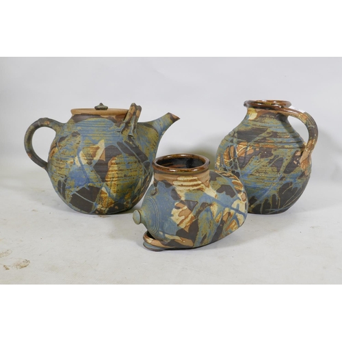 69 - Bryan Newman for Aller Studio Pottery, an oversize teapot, jug and vessel, teapot 28cm high