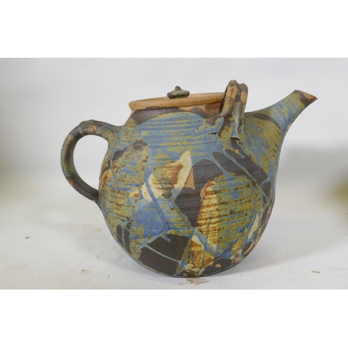 69 - Bryan Newman for Aller Studio Pottery, an oversize teapot, jug and vessel, teapot 28cm high