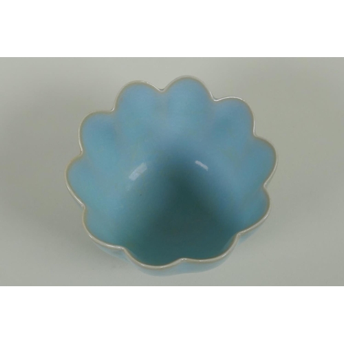 70 - A Chinese Ru ware style lotus flower shaped bowl, 11cm diameter