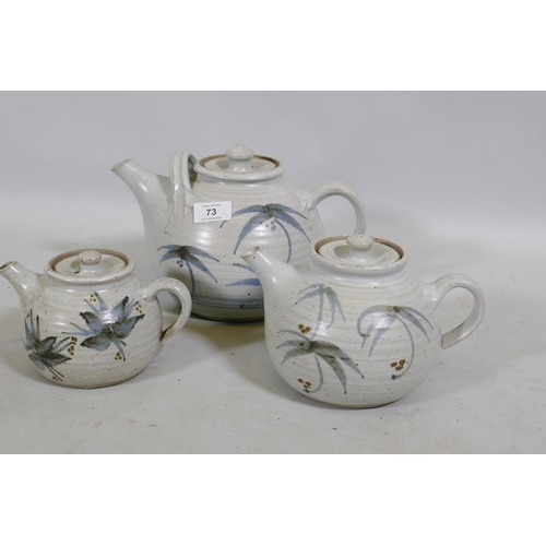 73 - Bryan Newman for Aller Studio Pottery, ceramic teapot, 17cm high, and two smaller