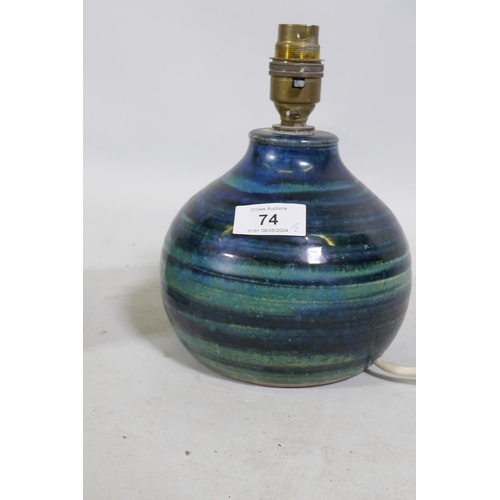 74 - Bryan Newman for Aller Studio Pottery, ceramic lamp with blue glaze and another in matt glaze, 20cm ... 