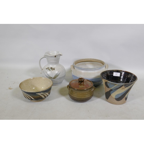 77 - Bryan Newman for Aller Studio Pottery, two bowls, two dishes and a jug, 22cm high