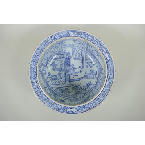 78 - An early C20th Chinese blue and white porcelain steep sided bowl decorated with armed figures, 27cm ... 