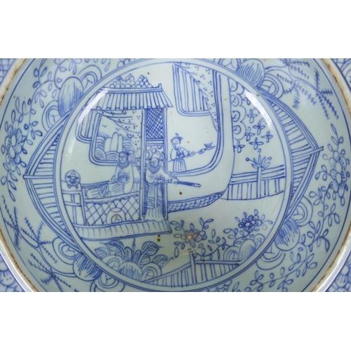 78 - An early C20th Chinese blue and white porcelain steep sided bowl decorated with armed figures, 27cm ... 